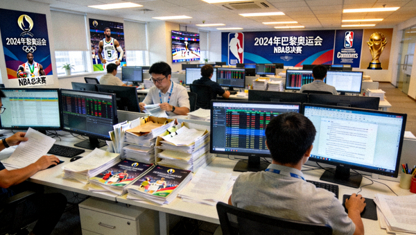 体育新闻编辑室内工作人员整理赛事资讯与稿件